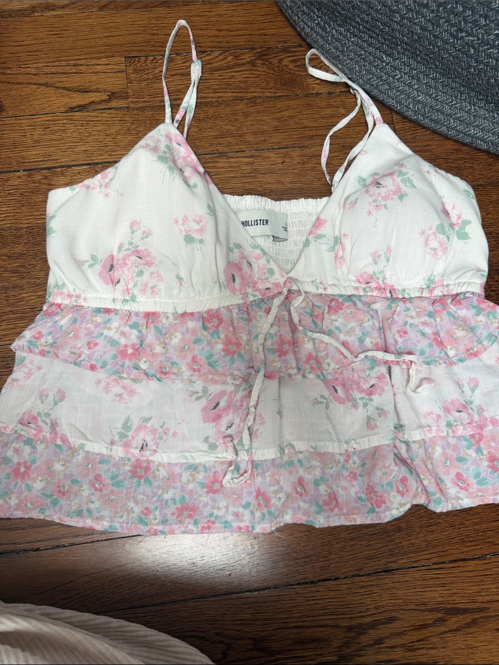 Hollister White and Pink Floral Tiered Camisole
